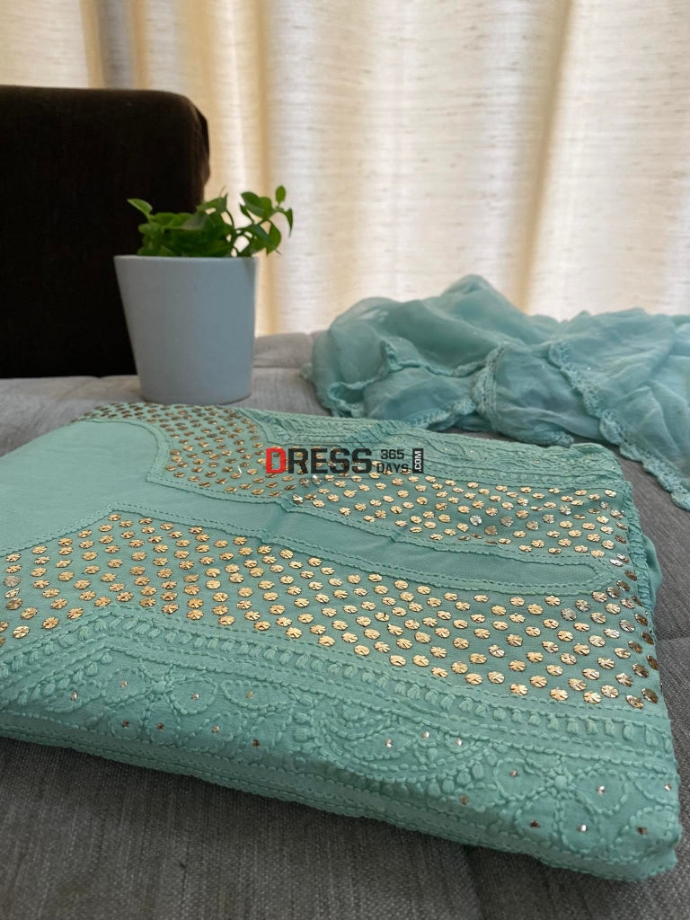 Sage Green Mukaish Chikankari Kurta Dupatta Suits