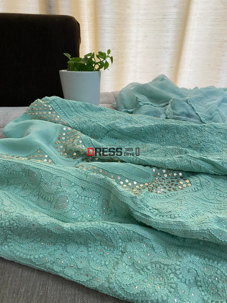 Sage Green Mukaish Chikankari Kurta Dupatta Suits