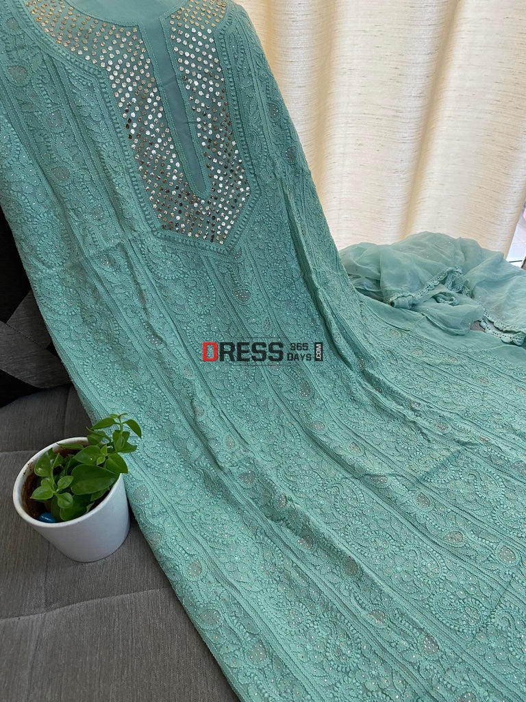 Sage Green Mukaish Chikankari Kurta Dupatta Suits