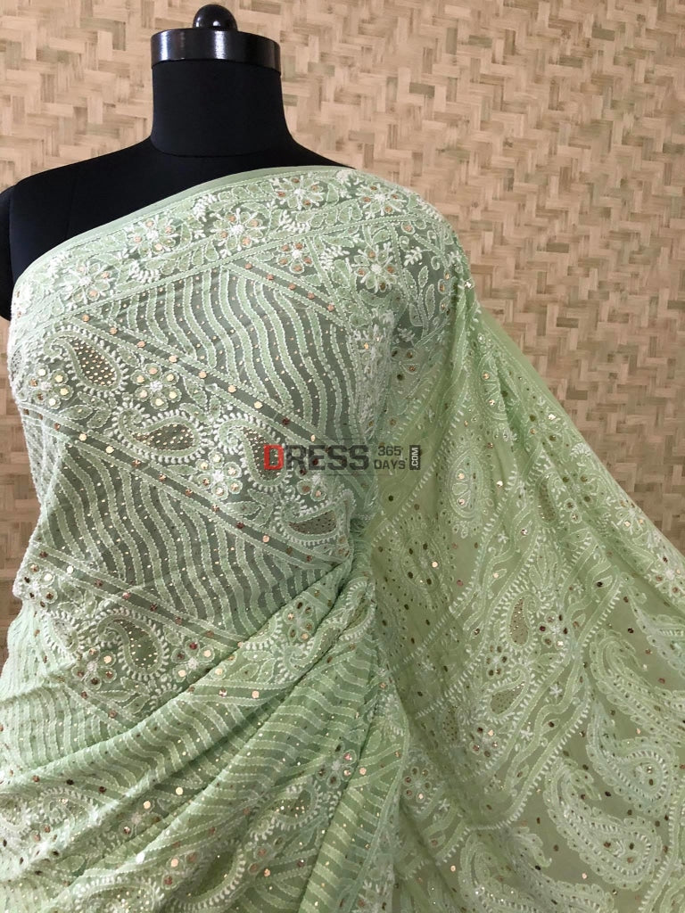 Sage Green Mukaish Chikankari Saree