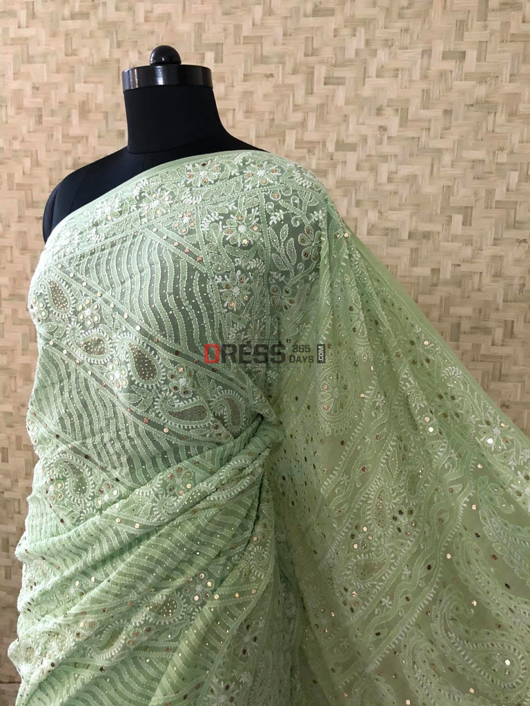Sage Green Mukaish Chikankari Saree