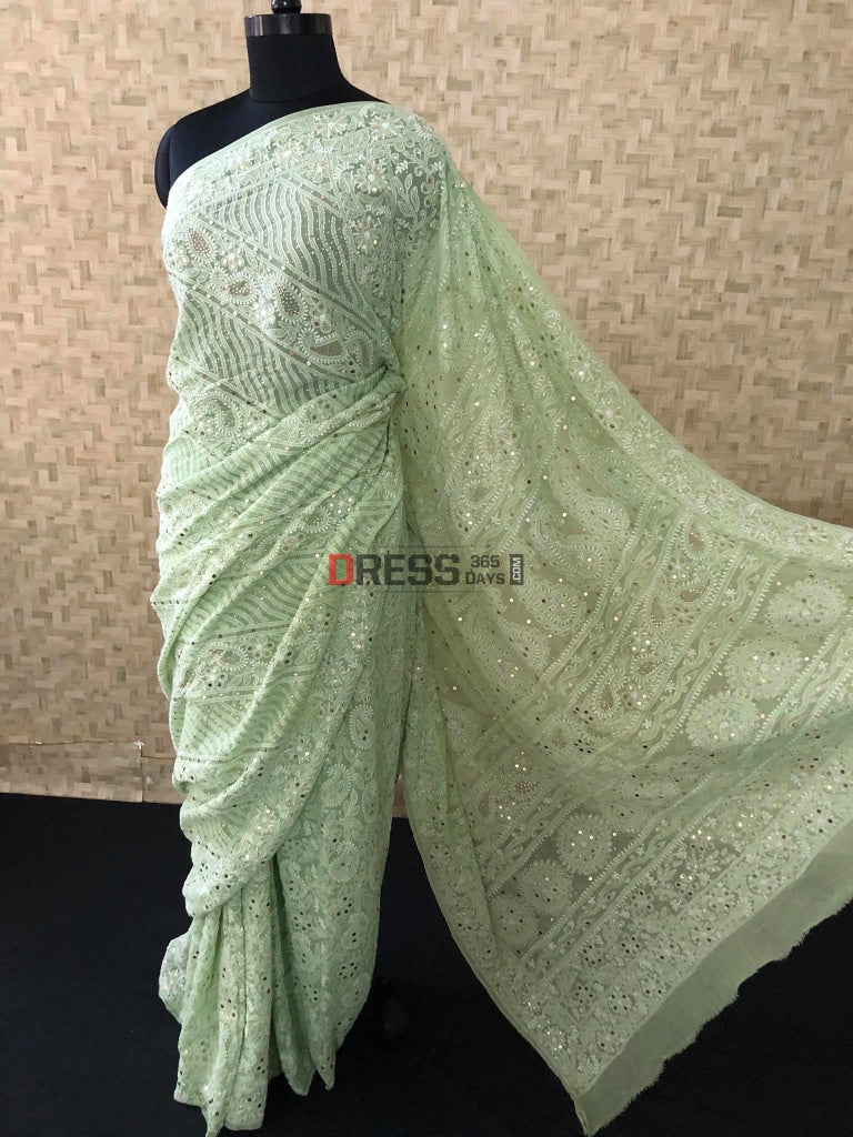 Sage Green Mukaish Chikankari Saree