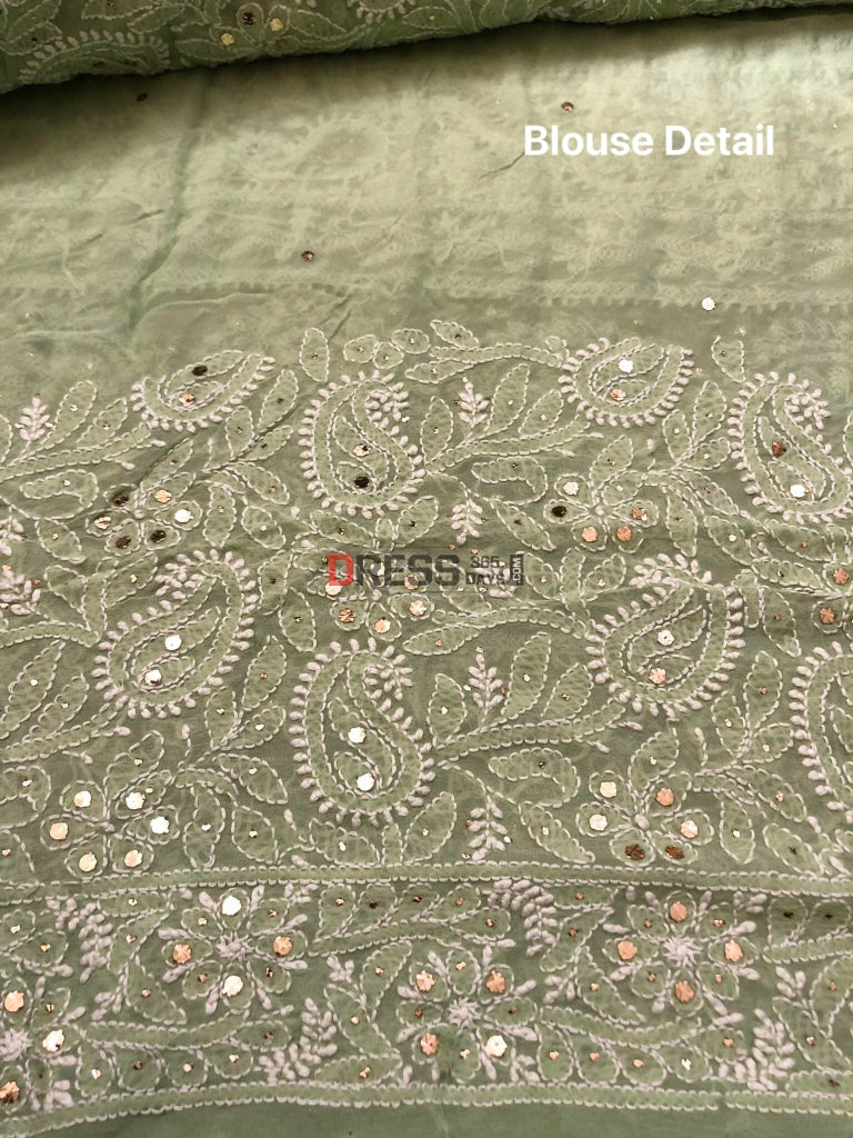 Sage Green Mukaish Chikankari Saree
