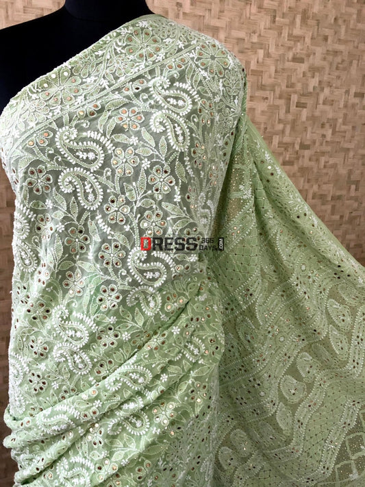 Sage Green Mukaish Lucknowi Chikan Saree Chikankari