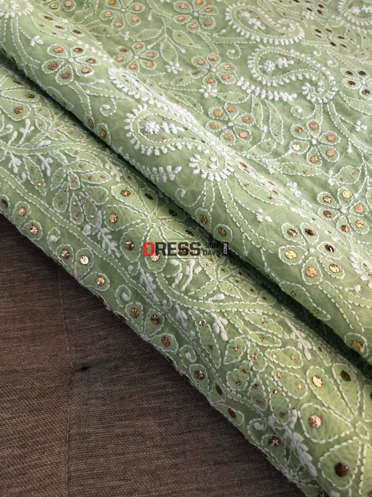 Sage Green Mukaish Lucknowi Chikan Saree Chikankari