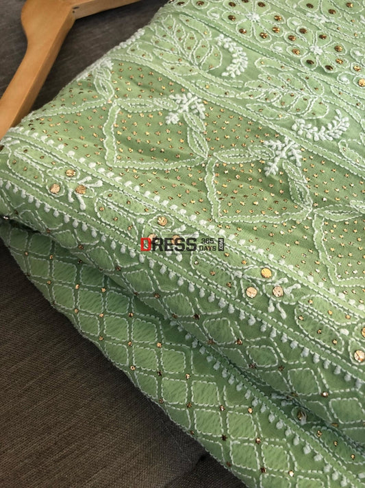 Sage Green Mukaish Lucknowi Chikan Saree Chikankari