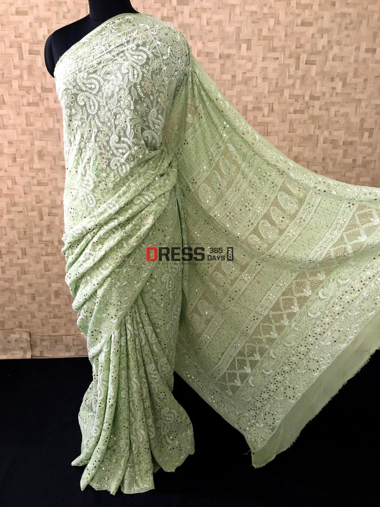 Sage Green Mukaish Lucknowi Chikan Saree Chikankari