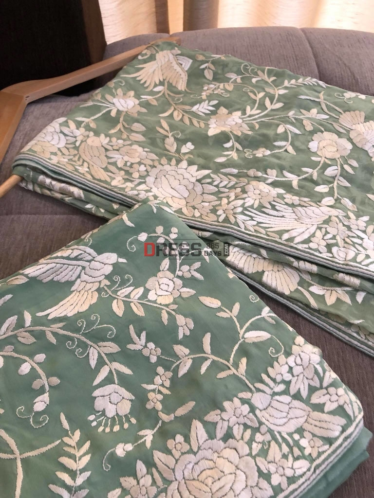Sage Green Parsi Gara Hand Embroiderde Suit (Three Piece) Suits