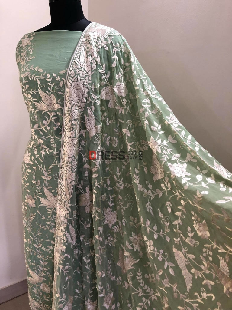 Sage Green Parsi Gara Hand Embroiderde Suit (Three Piece) Suits