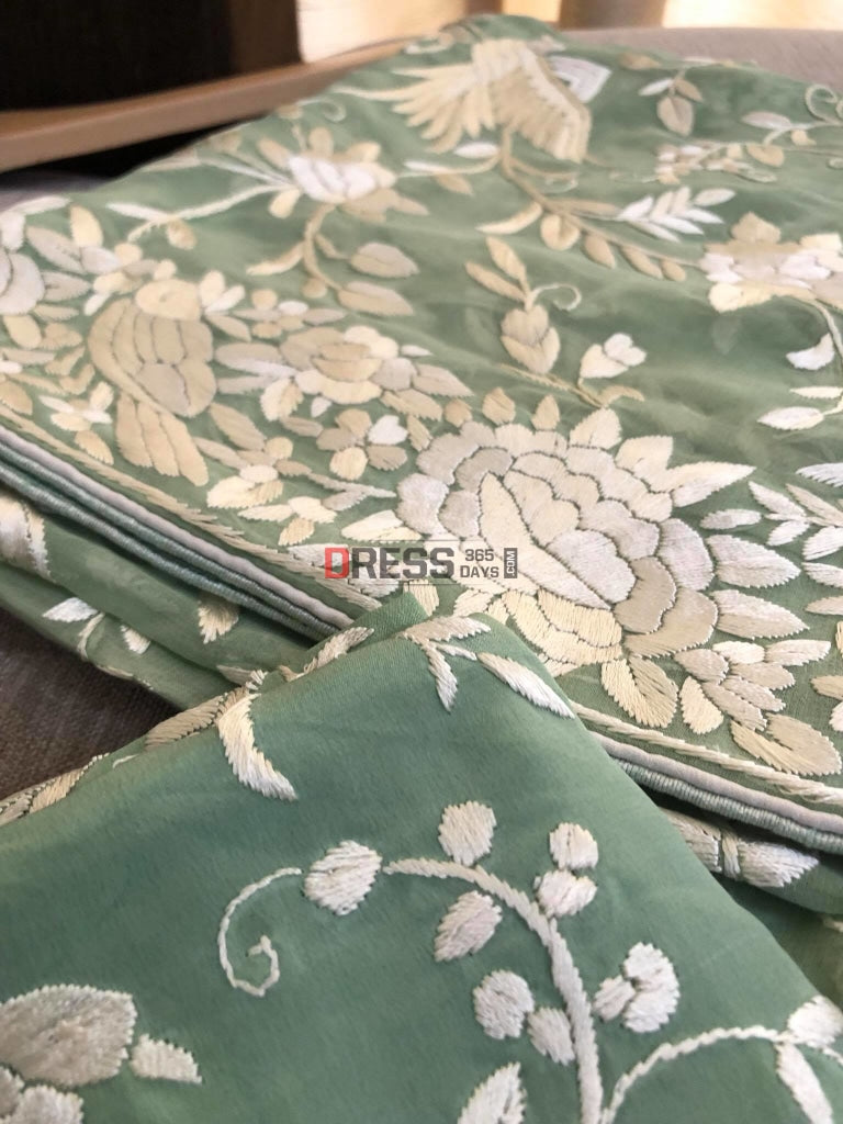 Sage Green Parsi Gara Hand Embroiderde Suit (Three Piece) Suits