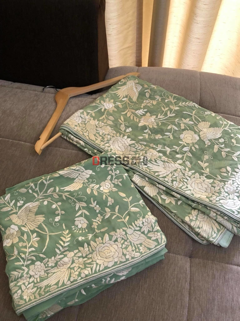 Sage Green Parsi Gara Hand Embroiderde Suit (Three Piece) Suits