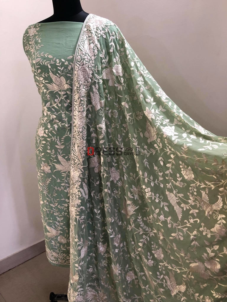 Sage Green Parsi Gara Hand Embroiderde Suit (Three Piece) Suits