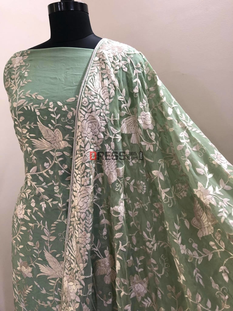 Sage Green Parsi Gara Hand Embroiderde Suit (Three Piece) Suits