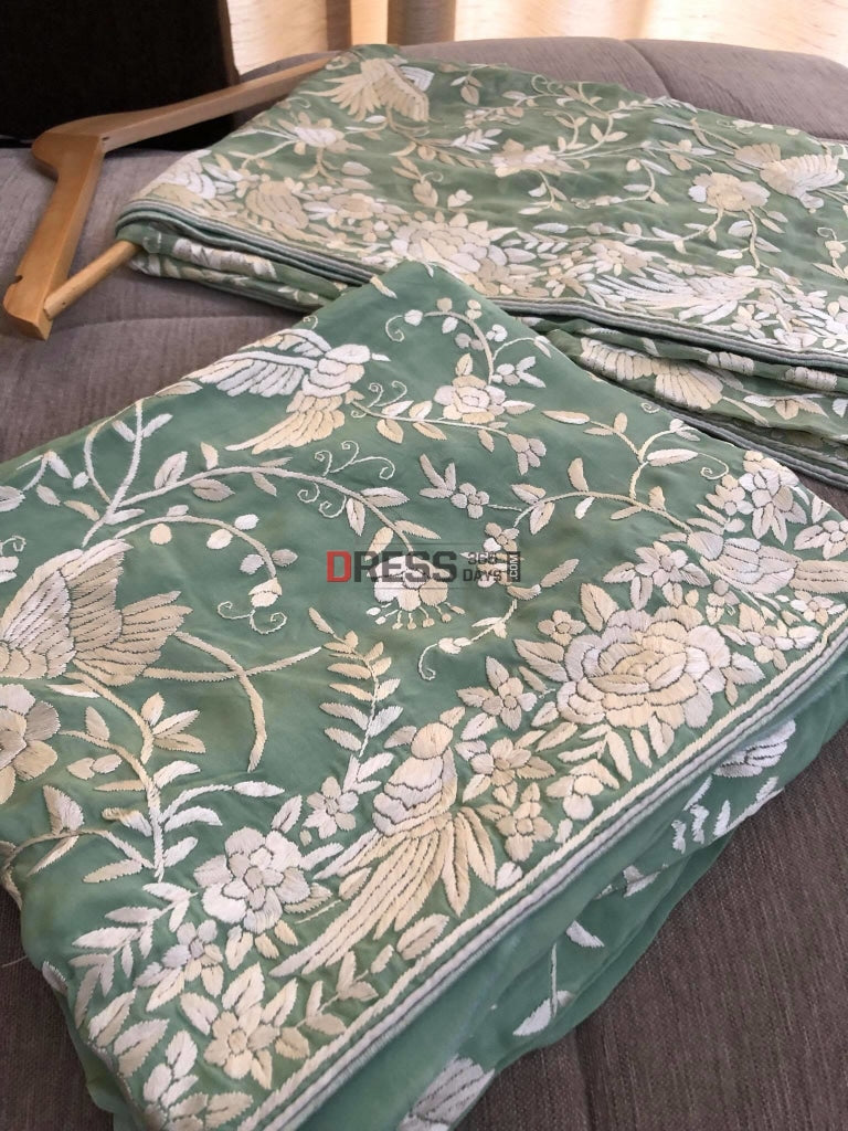 Sage Green Parsi Gara Hand Embroiderde Suit (Three Piece) Suits