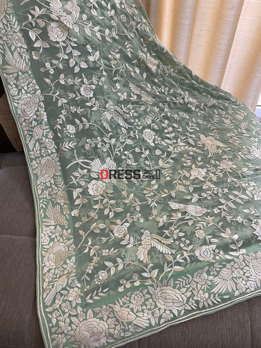 Sage Green Parsi Gara Hand Embroidered Dupatta