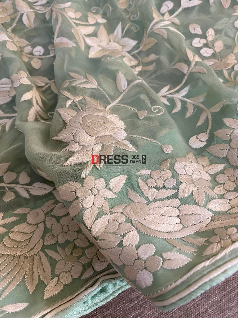 Sage Green Parsi Gara Hand Embroidered Dupatta