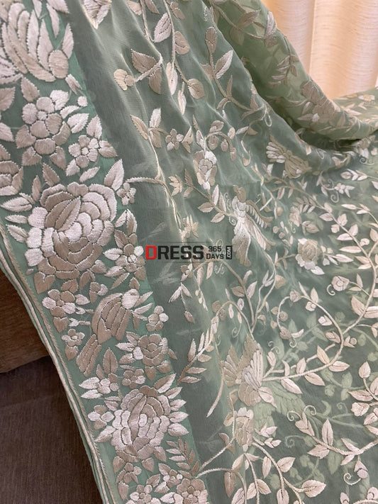 Sage Green Parsi Gara Hand Embroidered Dupatta