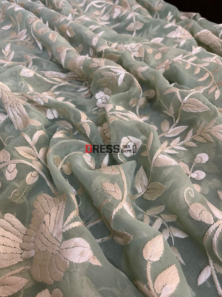 Sage Green Parsi Gara Hand Embroidered Dupatta