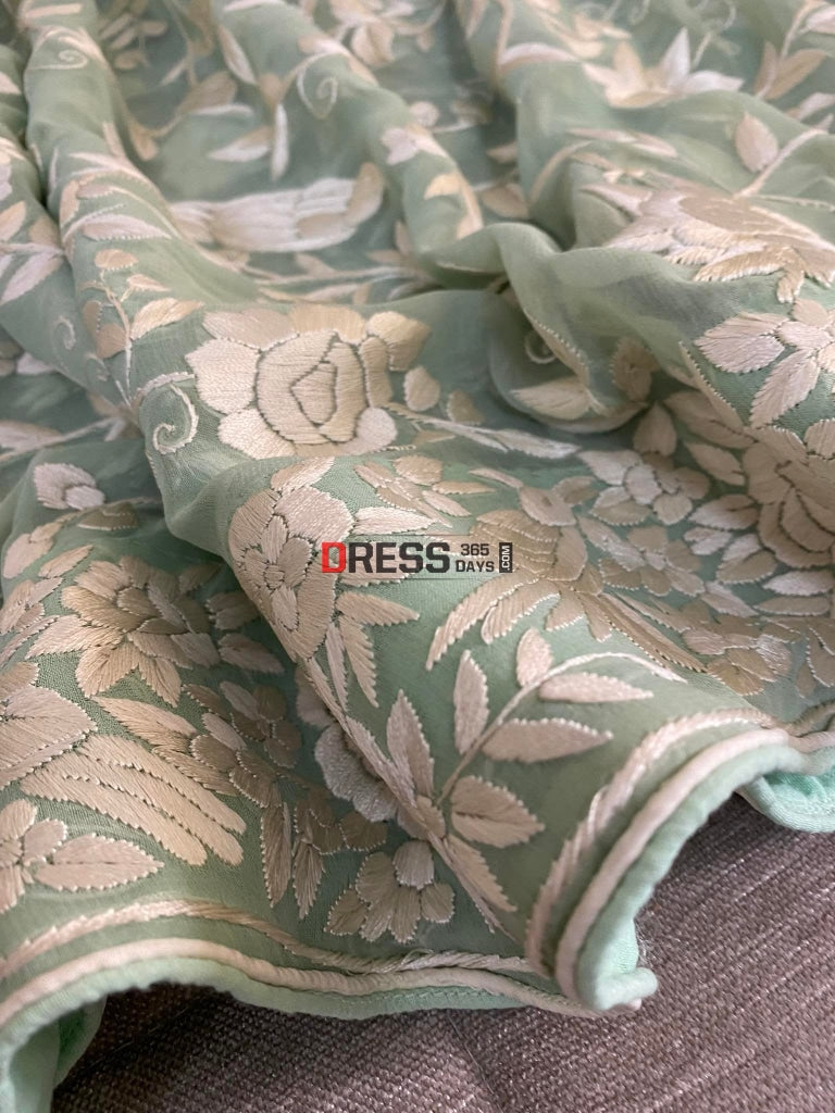 Sage Green Parsi Gara Hand Embroidered Dupatta