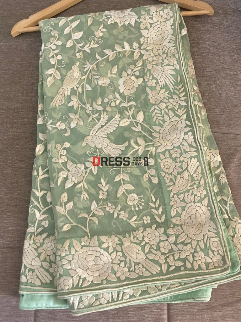 Sage Green Parsi Gara Hand Embroidered Dupatta