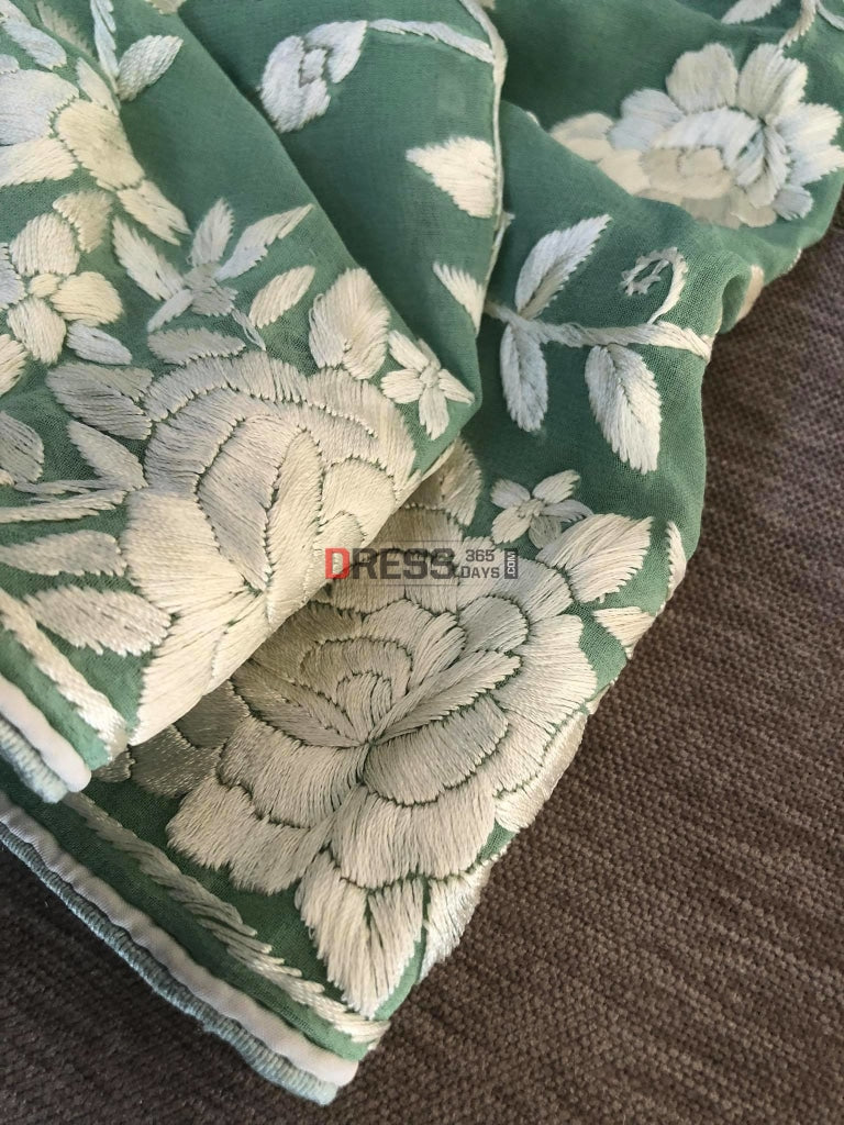 Sage Green Parsi Gara Hand Embroidered Saree