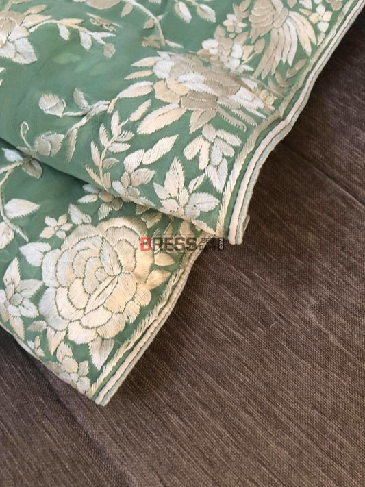 Sage Green Parsi Gara Hand Embroidered Saree