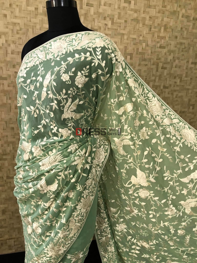 Sage Green Parsi Gara Hand Embroidered Saree