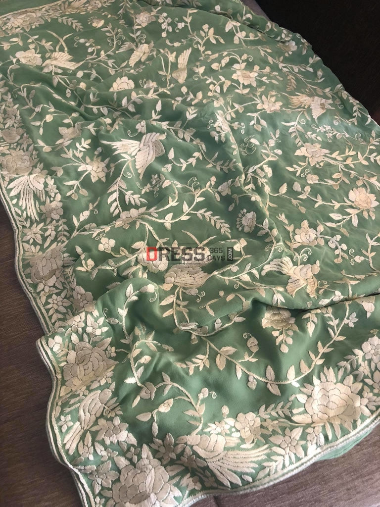 Sage Green Parsi Gara Hand Embroidered Saree