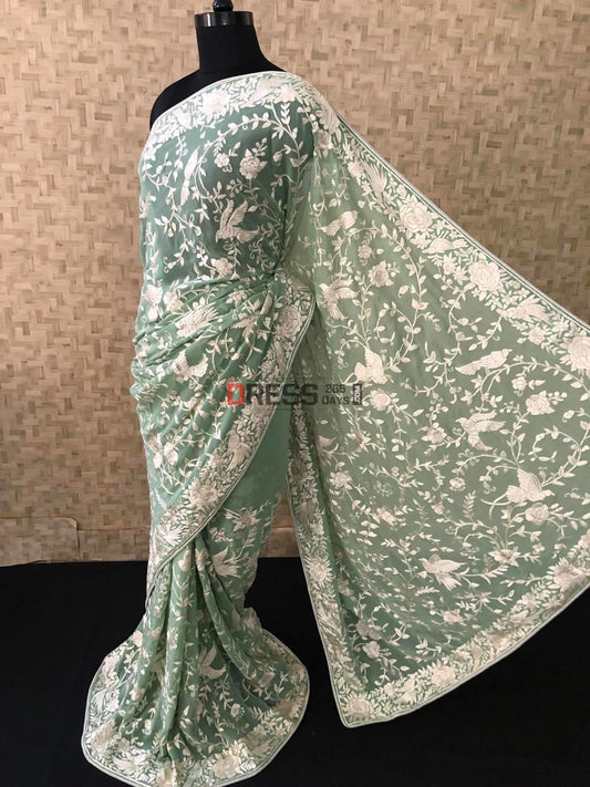 Sage Green Parsi Gara Hand Embroidered Saree