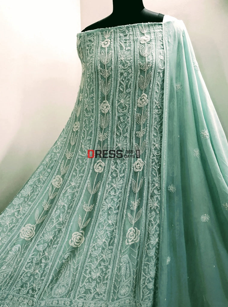 Sage Green Pearl & Chikankari Anarkali Suit