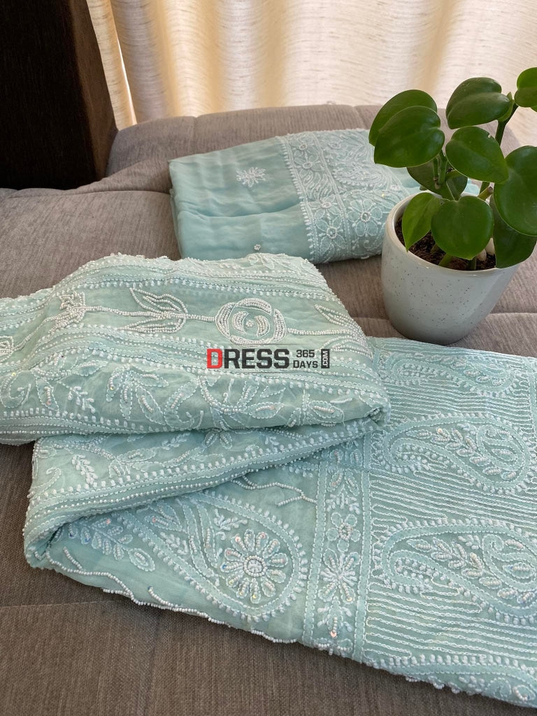 Sage Green Pearl & Chikankari Anarkali Suit