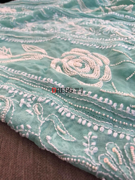 Aqua Green Pearl & Chikankari Anarkali Suit
