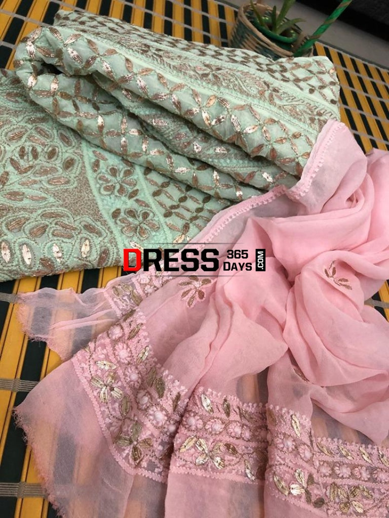 Sea Green And Pink Viscose Georgette Gota Patti Chikankari Anarkali Suit (Anarkali Dupatta)