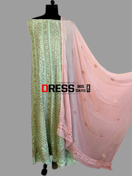 Sea Green And Pink Viscose Georgette Gota Patti Chikankari Anarkali Suit (Anarkali And Dupatta)