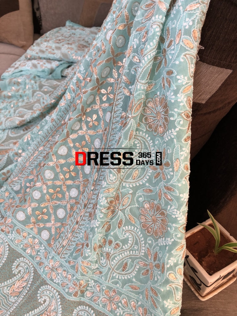 Sea Green Chikankari & Gota Patti Lehenga Set