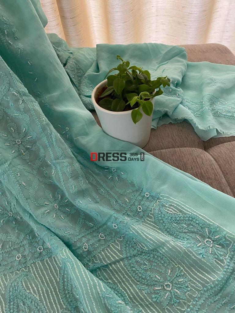 Sea Green Chikankari Pearl Kurta Dupatta Set Suits