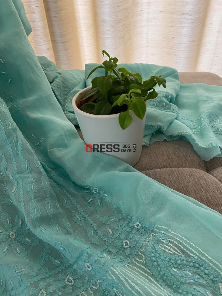 Sea Green Chikankari Pearl Kurta Dupatta Set Suits