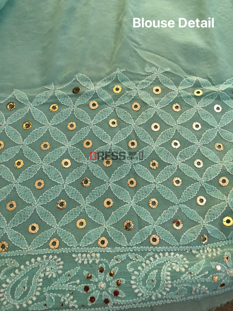 Sea Green Chikankari & Ring Mukaish Saree