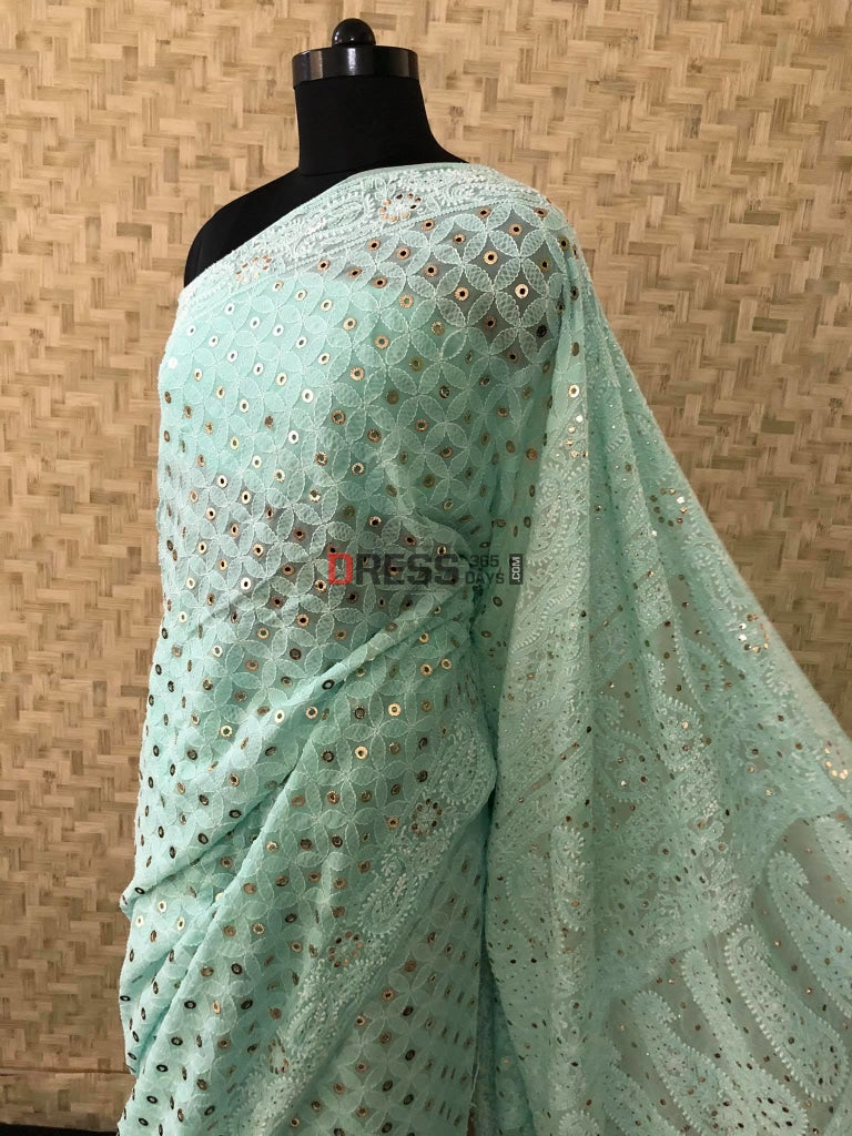 Sea Green Chikankari & Ring Mukaish Saree