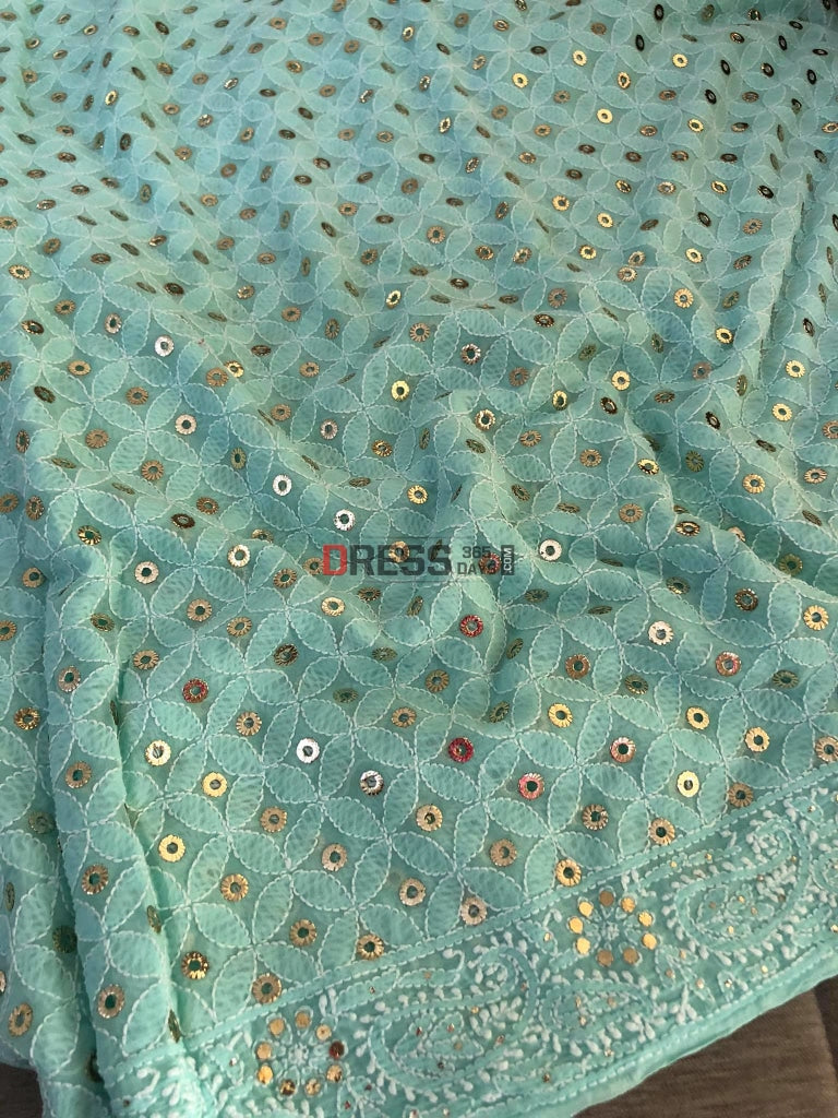 Sea Green Chikankari & Ring Mukaish Saree