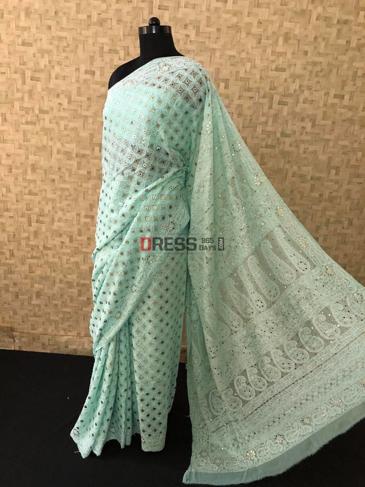 Sea Green Chikankari & Ring Mukaish Saree