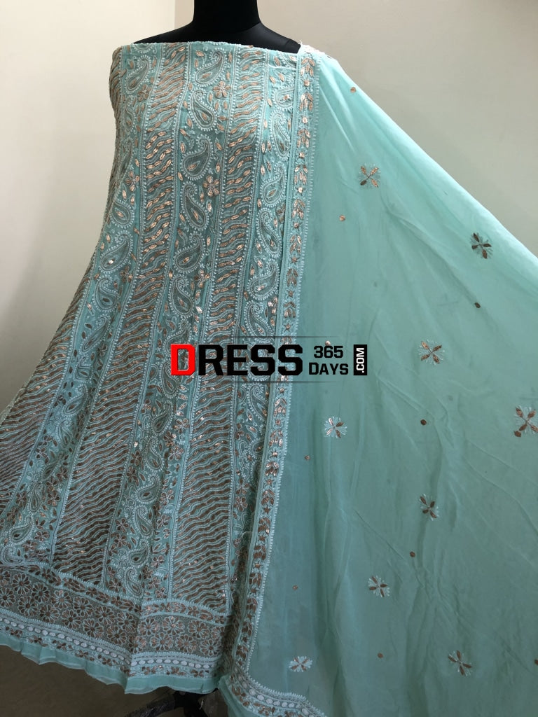 Sea Green Gota Patti Lucknowi Chikankari Anarkali