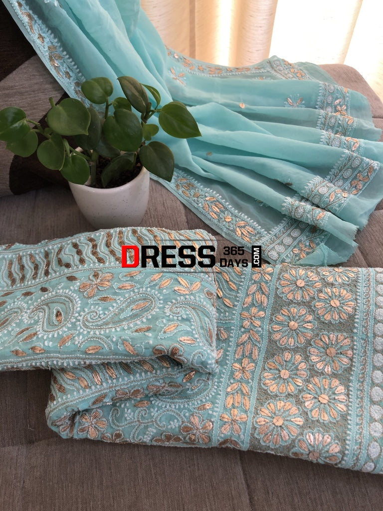 Sea Green Gota Patti Lucknowi Chikankari Anarkali