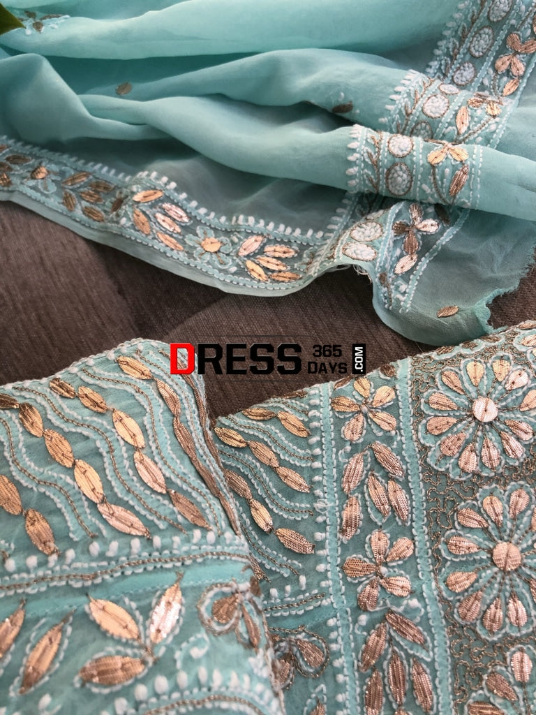 Sea Green Gota Patti Lucknowi Chikankari Anarkali
