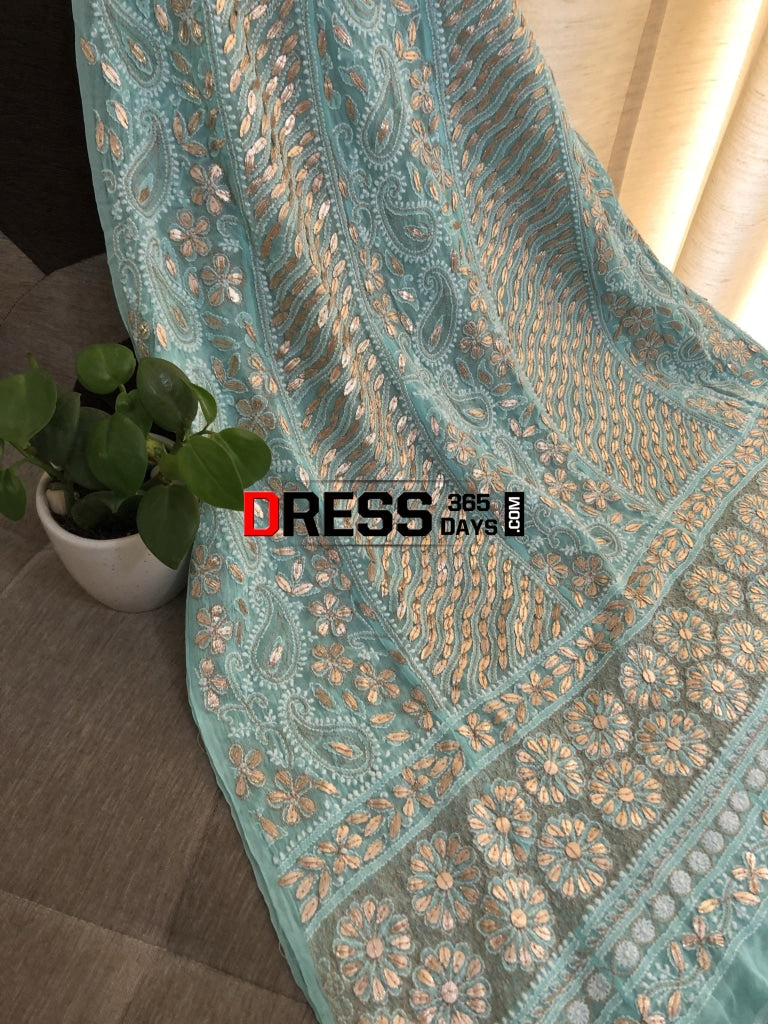 Sea Green Gota Patti Lucknowi Chikankari Anarkali