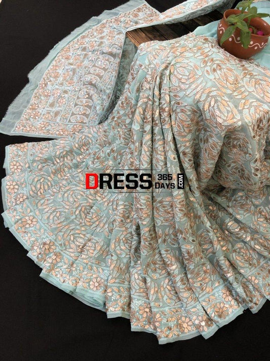 Sea Green Gota Patti Lucknowi Saree Chikankari