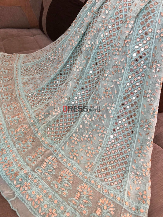 Sea Green Gota Patti & Mirror Work Lucknowi Anarkali Suit Chikankari