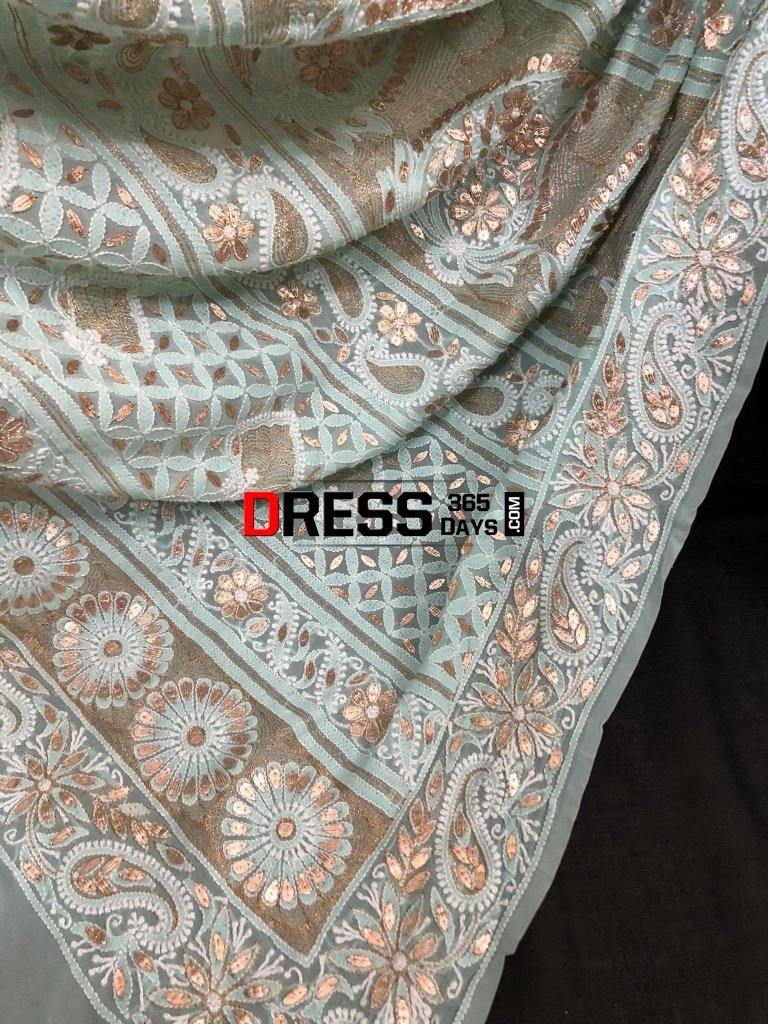Sea Green Hand Embroidered Chikankari & Gota Patti Saree