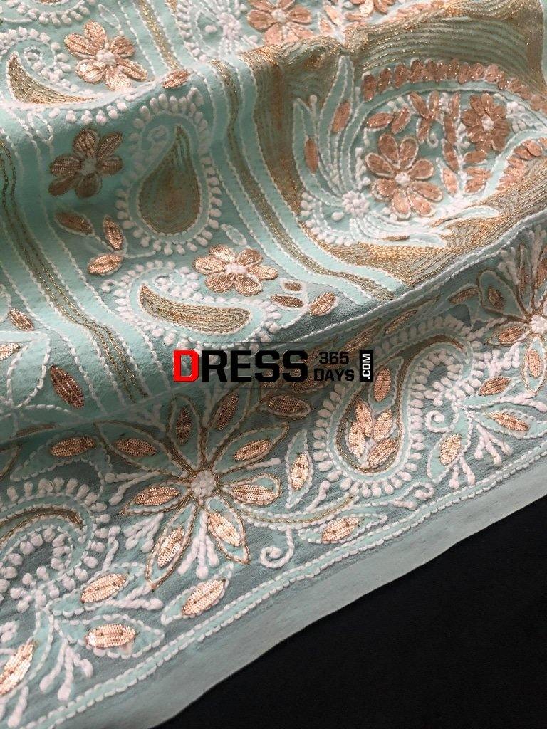 Sea Green Hand Embroidered Chikankari & Gota Patti Saree