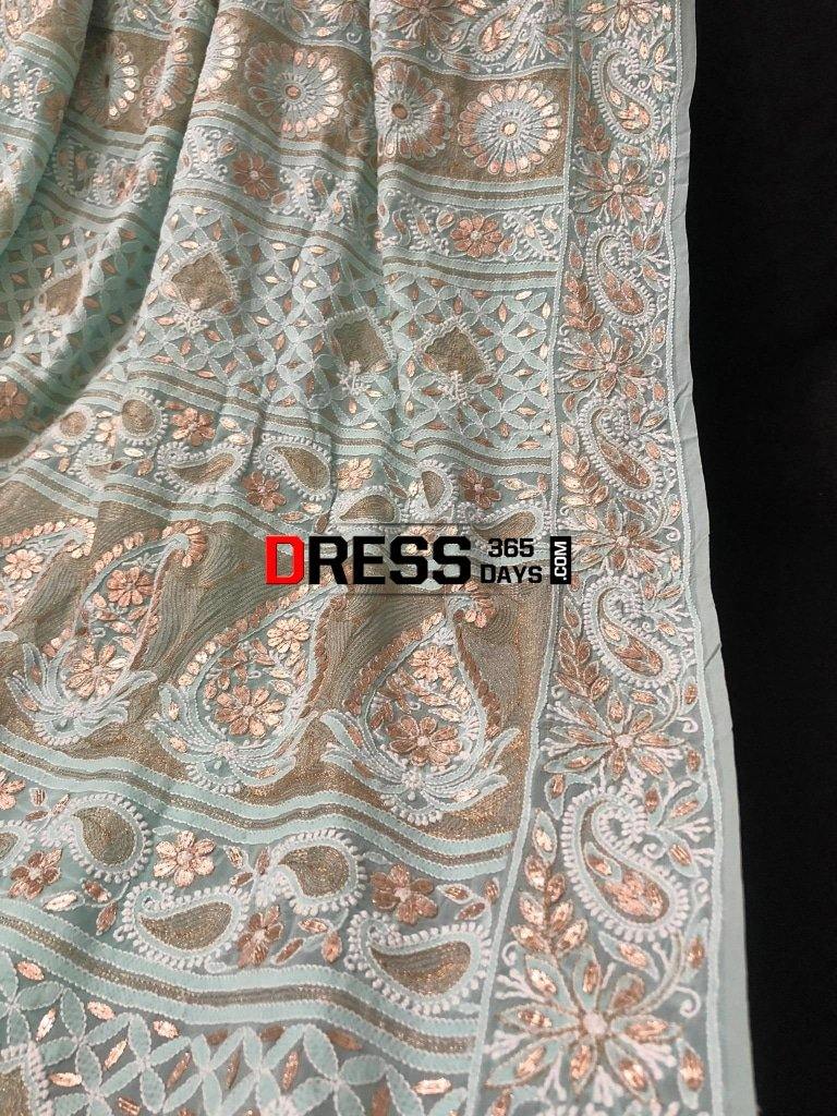 Sea Green Hand Embroidered Chikankari & Gota Patti Saree